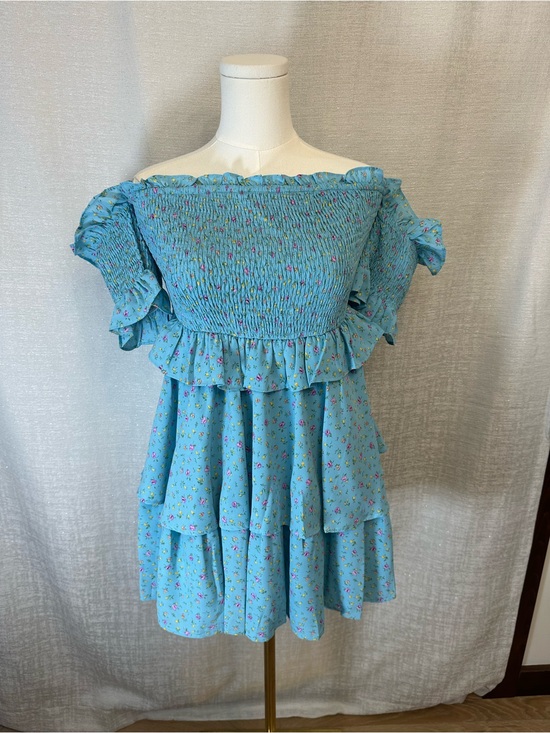 Mable Dresses & Skirts - Mable Smocked Off-Shoulder Floral Mini Dress in Light Blue